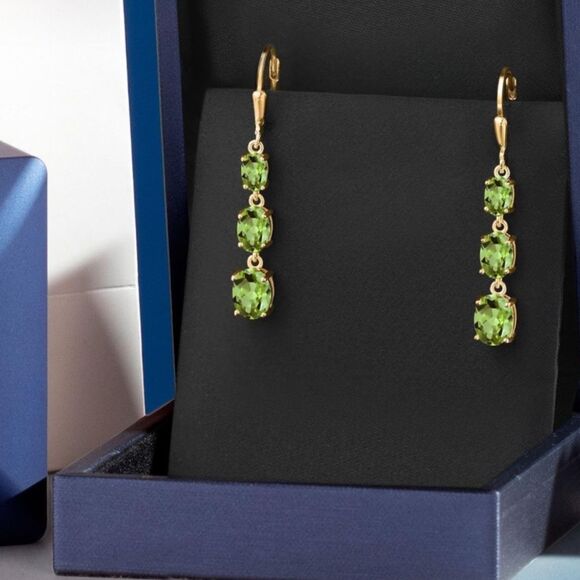 18K Yellow Gold with 5.64 Cttw 3 Stone Peridot Dangling Leverback Drop Earrings - Picture 4 of 5